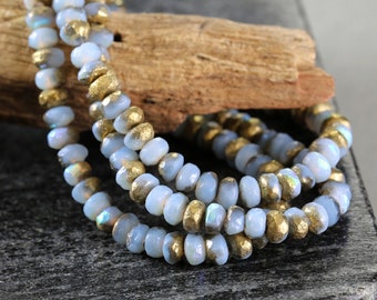 Czech Glass 3x5mm Fire Polished Rondelle - Matte Textured Powder Blue AB w/ Gold