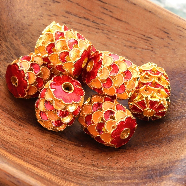 Cloisonné 12x10mm Red & Canteloupe w/ Gold Finish Dragon Scales Barrel Bead