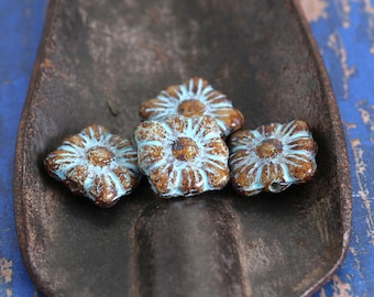 Czech Glass 9mm Square Flower - Dark Picasso w/ Turquoise - Package of 10 Beads