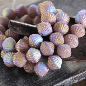 Czech Glass 10x11mm Lined Bicone - Textured Thistle AB w/ Gold