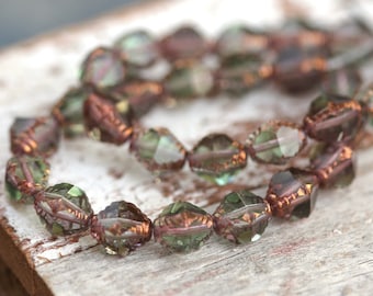 Czech Glass 10x8mm Etched Bicone - Bronzed Prairie Green