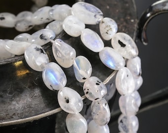 Rainbow Moonstone w/ Black Tourmaline Small Tumbled Nugget 7-10x5-6mm Beads