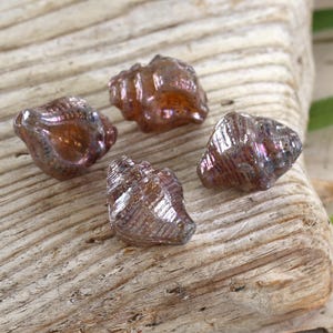 May include: Four iridescent glass seashells in shades of brown and purple. The shells are smooth and have a glossy finish.