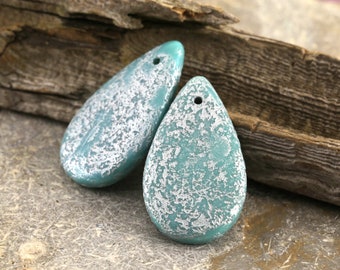 Czech Glass 30x18mm Teardrop - Etched Turquoise w/ Silver Luster