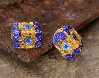 Cloisonné 11x7.5mm Blue & Aqua w/ Gold Finish Filigree Rounded 4-sided Barrel Floral Bead