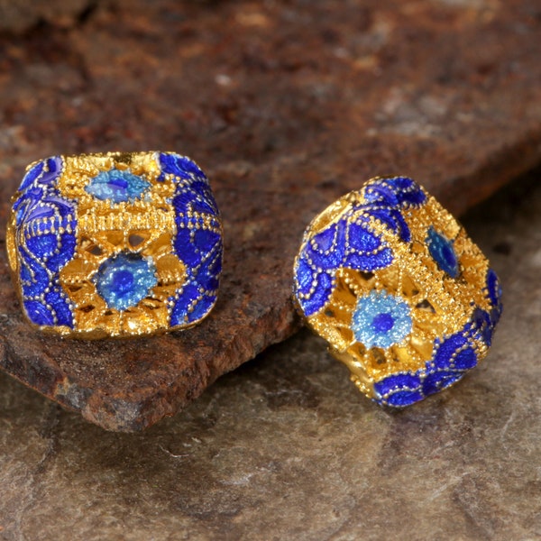 Cloisonné 11x7.5mm Blue & Aqua w/ Gold Finish Filigree Rounded 4-sided Barrel Floral Bead