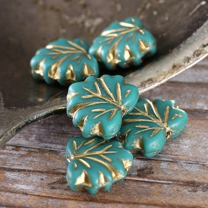 Czech Glass 11x13mm Maple Leaf - Matte Turquoise w/ Gold Wash