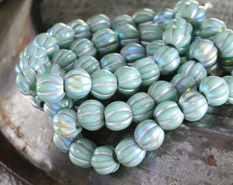 Czech Glass 8mm Large Hole Melon Round - Mint AB w/ Silver