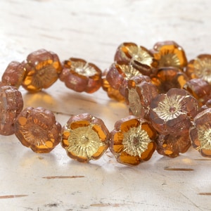 Czech Glass 12mm Hibiscus Coin - Pumpkin w/ Gold