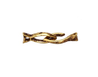 May include: A gold-colored metal chain link with a textured, aged appearance. The link is composed of two intertwined sections, each with a decorative, pointed end. The overall design suggests a vintage or antique aesthetic.
