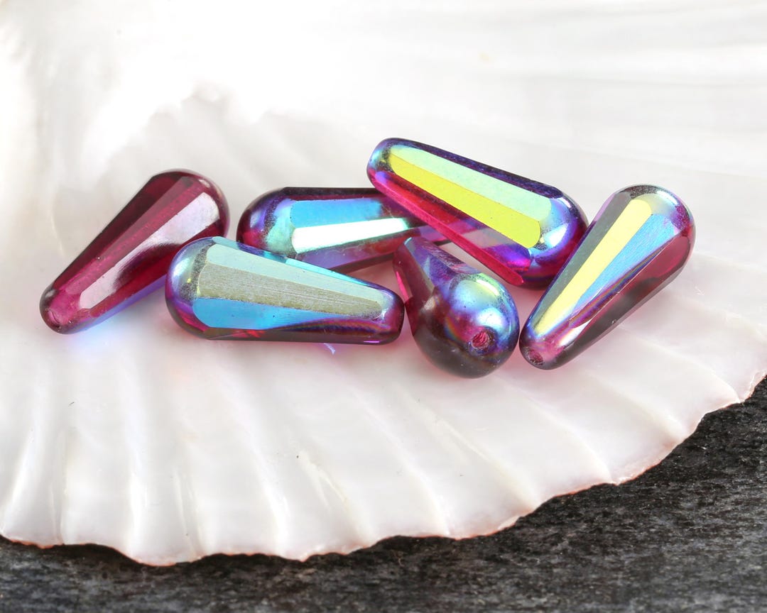 Czech Glass 20x9mm Faceted Teardrop - Raspberry AB - Package of 6 Beads ...