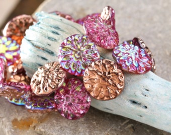 Czech Glass 14mm Dahlia Coin - Metallic Pink AB w/ Copper
