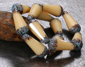 Czech Glass 20x8mm Faceted Teardrop - Ivory w/ Etched Turquoise Picasso