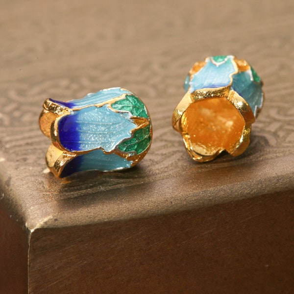 Cloisonné 10x8mm Blue, Aqua & Green w/ Gold Finish Lotus Cap