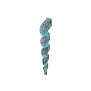 May include: A decorative, twisted metal sculpture with a weathered, turquoise finish. The spiral design tapers from a wider top to a pointed end. The sculpture is a unique accent piece.