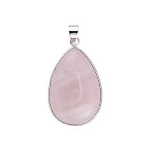 May include: A teardrop-shaped pendant featuring a pale pink rose quartz stone. The stone is encased in a silver-colored metal setting with a loop for a chain. The pendant is a light pink color.