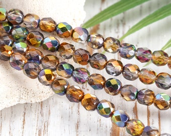 Czech Glass 6mm Fire Polished Round - Crystal Golden Vitrail