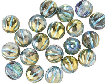 Czech Glass 8mm Faceted Melon Round - Crystal AB w/ Gold & Metallic Turquoise