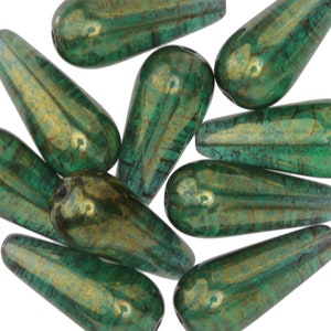 Czech Glass 20x9mm Teardrop - Emerald w/ Gold Luster