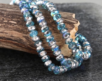 Czech Glass 2.5x4mm Fire Polished Rondelle - Capri Blue AB w/ Silver