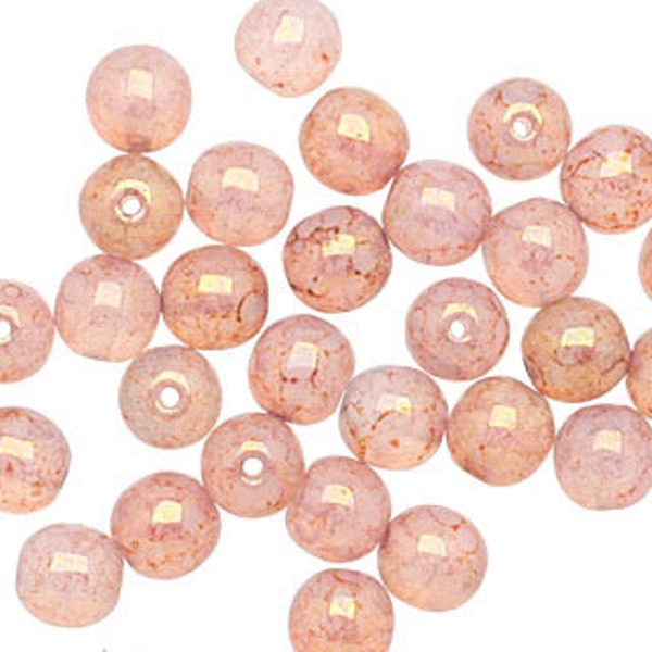 Czech Glass 6mm Round Druk - Pink Opal w/ Rose Picasso Round Druk