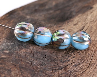 Czech Glass 8mm Faceted Melon Round - Sky Blue Vitrail w/ Platinum