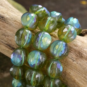 Czech Glass 10mm Faceted Melon Round - Matte Peridot AB w/ Metallic Green