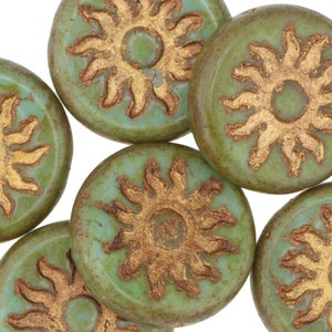 Czech Glass 22mm Sun Coin - Turquoise Picasso w/ Gold
