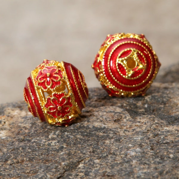 Cloisonné 9.5mm Red w/ Gold Finish Openwork Daisy Round Bead