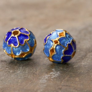 Cloisonné 8mm Blue & Aqua w/ Gold Finish Openwork Floral Round Bead