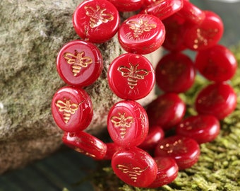 Czech Glass 12mm Bee Coin - Cherry Red w/ Gold Wash