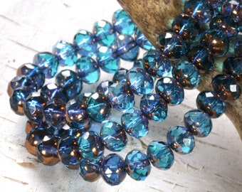 Czech Glass 5x7mm Fire Polished Rondelle - Bronzed Capri Blue