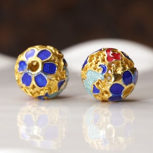 Cloisonné 8mm Blue, Aqua & Red w/ Gold Finish Floral Filigree Round Bead