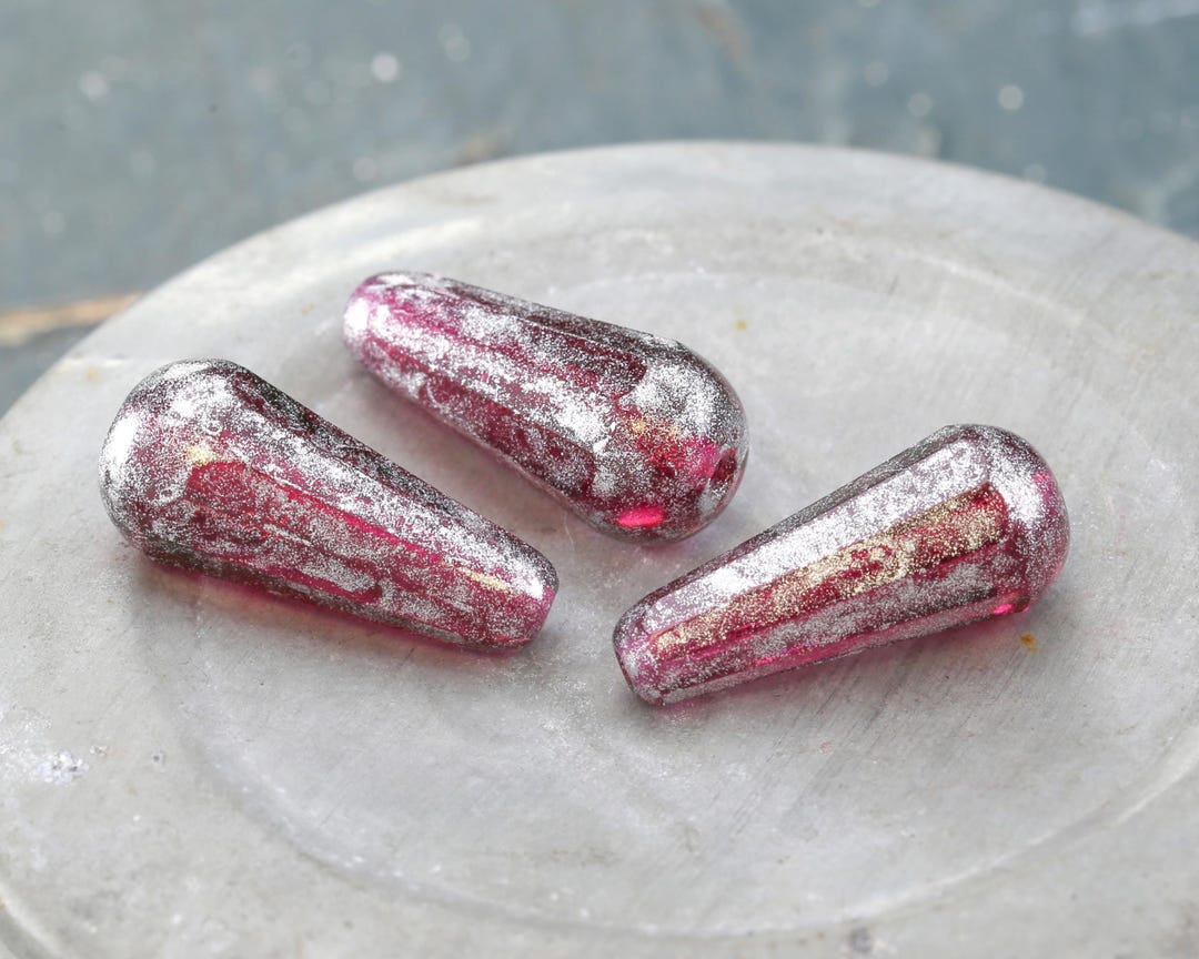 Czech Glass 20x9mm Faceted Teardrop - Raspberry W/ Silver - Package of ...