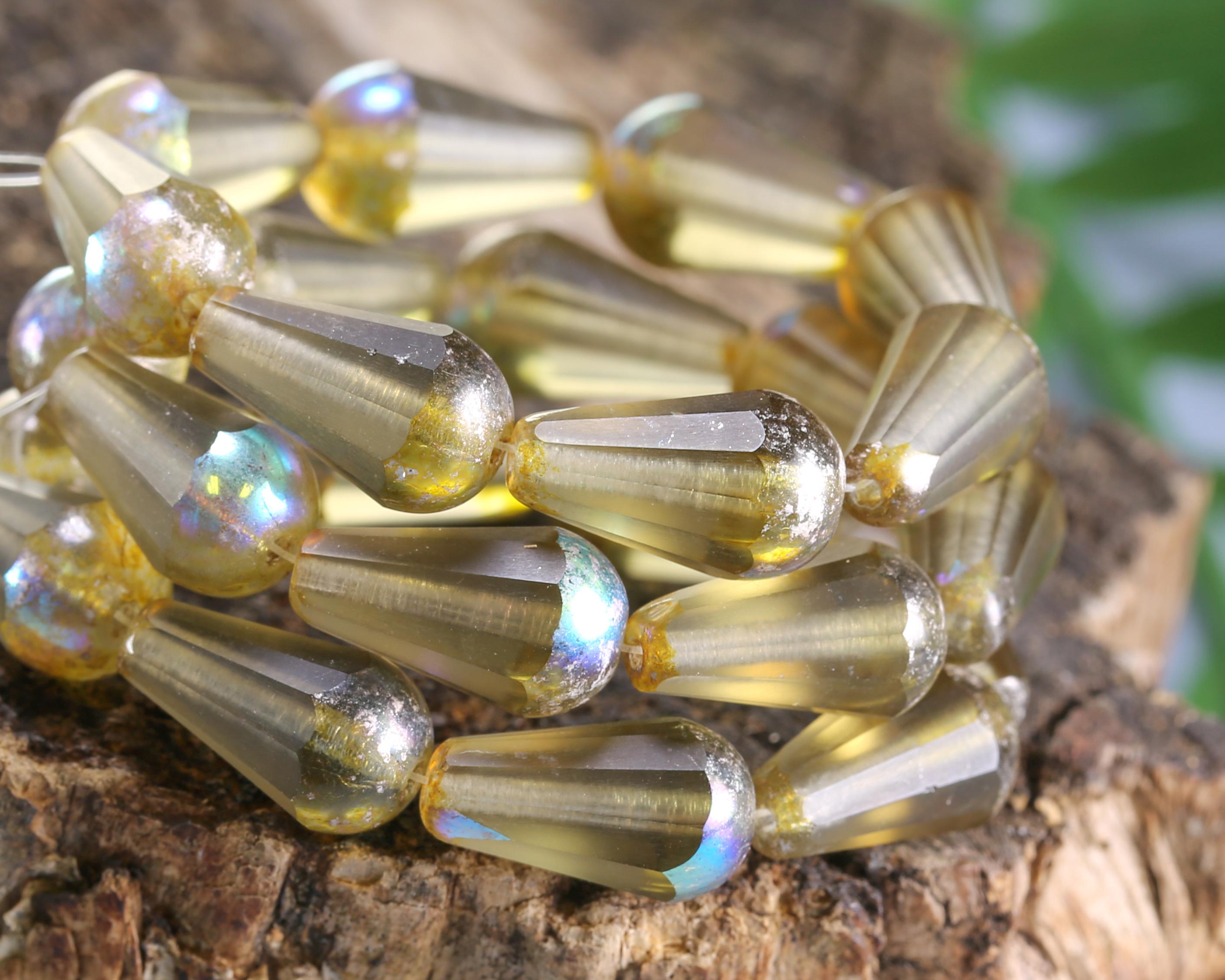 Czech Glass 15x8.5mm Faceted Teardrop - Smoke w/ Mercury AB Finish