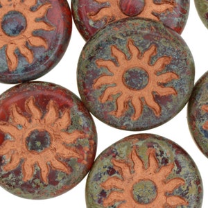 Czech Glass 22mm Sun Coin - Opaque Red Picasso w/ Copper