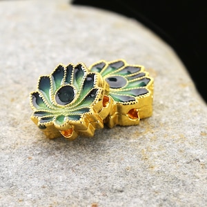 Cloisonné 11x10.5mm Blue & Green w/ Gold Finish Lotus Bead