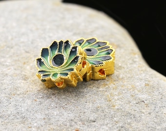 Cloisonné 11x10.5mm Blue & Green w/ Gold Finish Lotus Bead