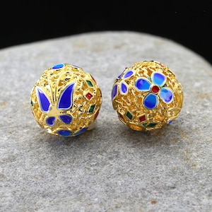 Cloisonné 12mm Blue, Aqua, Red & Green w/ Gold Finish Filigree Butterfly Round
