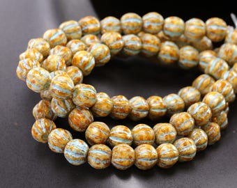 Czech Glass 6mm Large Hole Melon Round - Bisque Picasso w/ Blue Wash