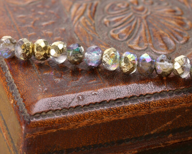 Czech Glass 5x7mm Fire Polished Rondelle - Etched Crystal AB w/ Gold & Silver Luster image 2