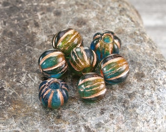 Czech Glass 8mm Large Hole Melon Round - Rainforest w/ Copper Wash