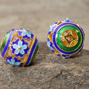 Cloisonné 19x20mm Blue, Aqua & Green w/ Gold Finish Openwork Daisy Rondelle