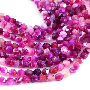 Ruby Pink Line Agate Star Cut Round 8mm Beads