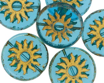 Czech Glass 22mm Sun Coin - Coastal Blue w/ Gold