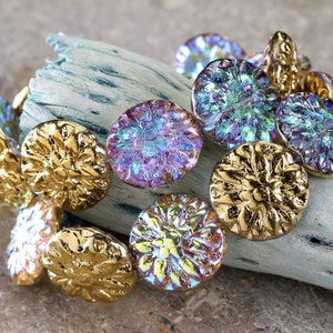 Czech Glass 14mm Dahlia Coin - Crystal AB w/ Gold