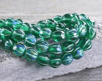 Czech Glass 8mm Faceted Melon Round - Matte Emerald AB w/ Metallic Green