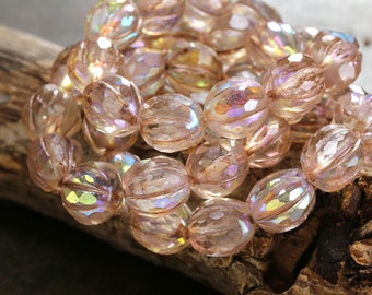 Czech Glass 10mm Faceted Melon Round - Champagne Crystal AB w/ Rose Gold