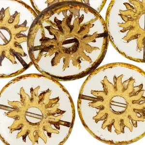 Czech Glass 22mm Sun Coin - Transparent Picasso w/ Gold