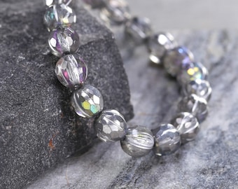 Czech Glass 8mm Faceted Melon Round - Crystal AB w/ Antique Silver